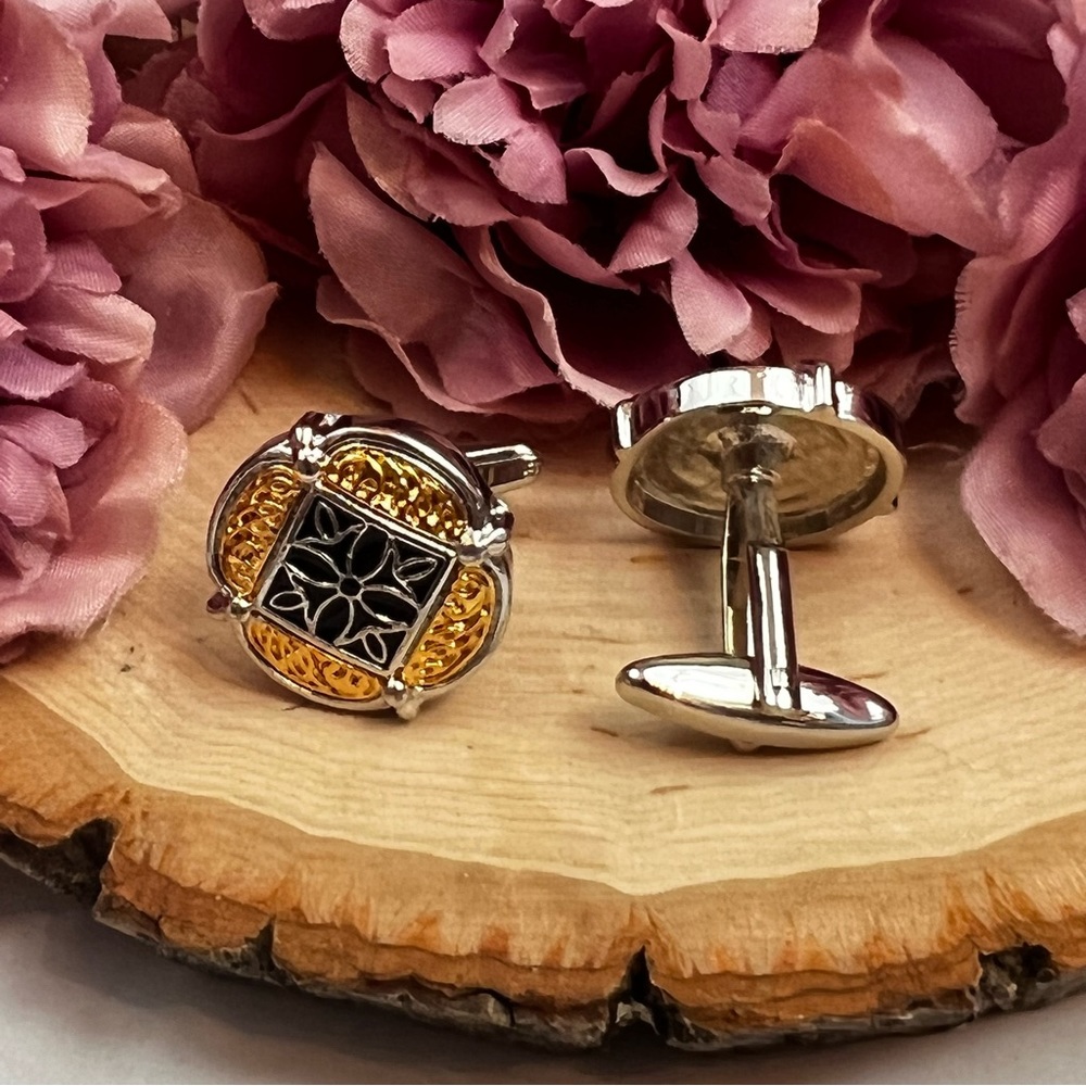 Elegant Gold and Black Cufflinks with Silver Fleury Cross - Picture 8 of 16